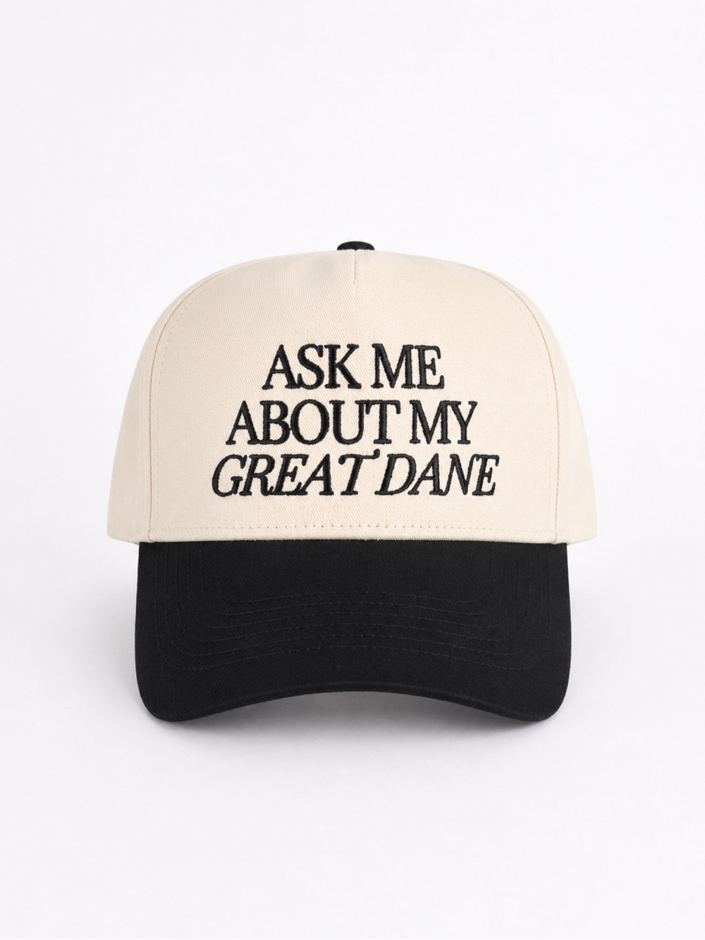 'Ask Me About My Great Dane' Two-Tone SnapBack Trucker Cap - Black & Cream